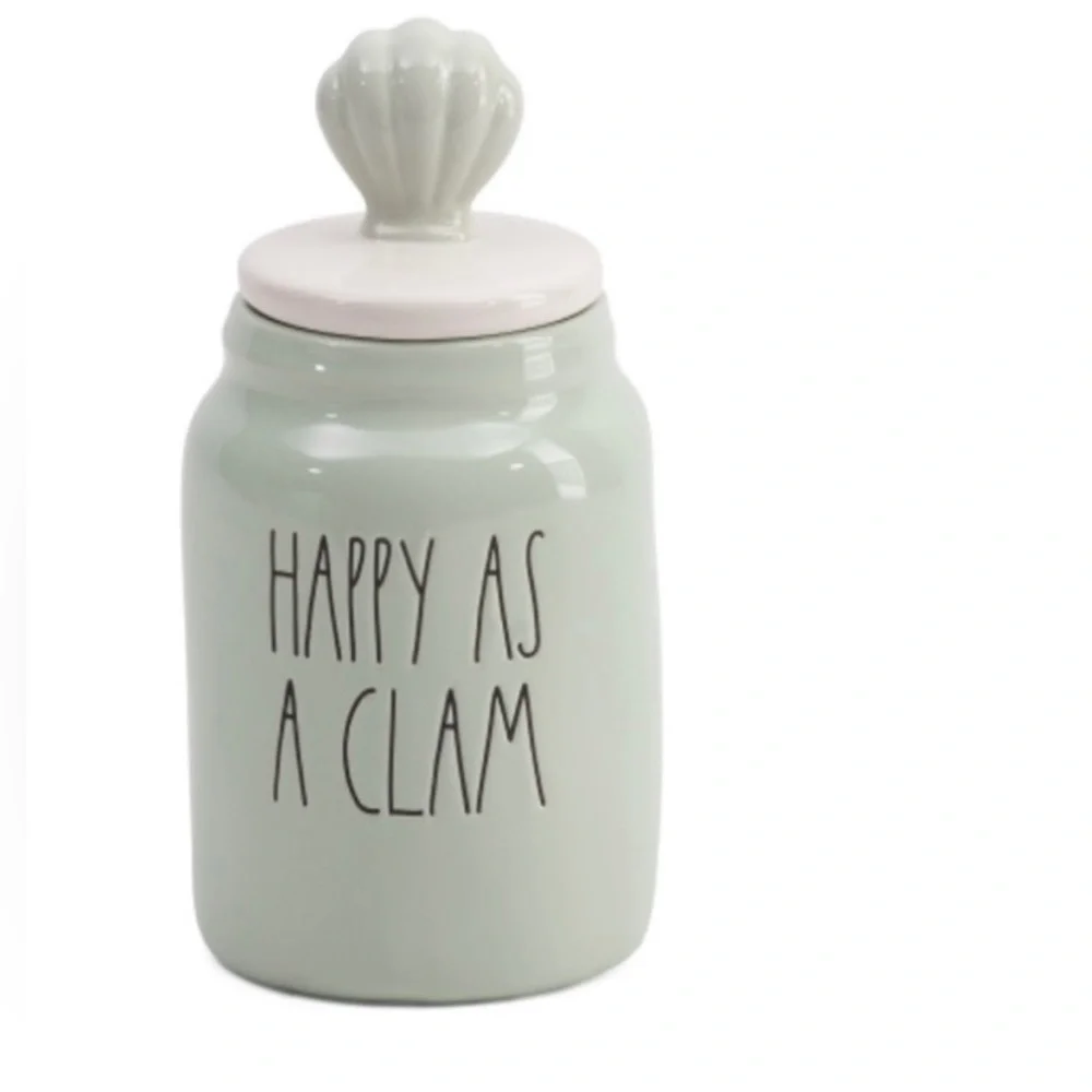 Rae Dunn iridescent HAPPY AS A CLAM Jar with Seashell Lid NEW IN BOX